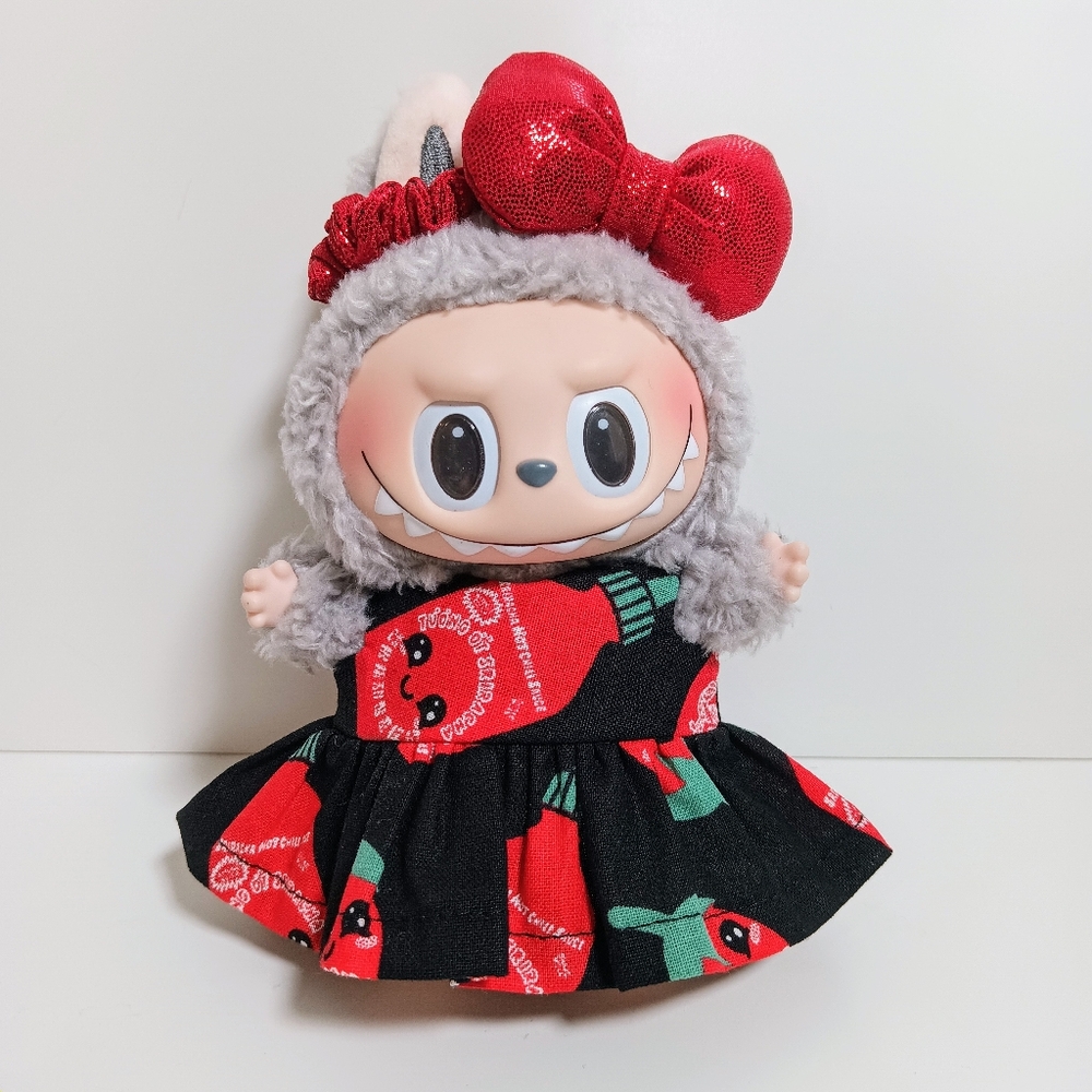 Sriracha Hot Chili Sauce Dress and Metallic Bow Made to Fit Labubu